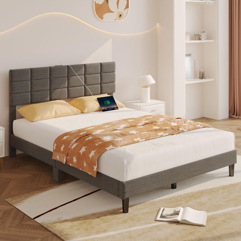 Twin/Full/Queen/King Size Platform Bed Frame with Fabric Upholstered Headboard and Wooden Slats Support, Leather Upholstered Headboard, and Built-in Charging Station, Upholstered Mattress Foundation/No Box Spring Needed/Easy