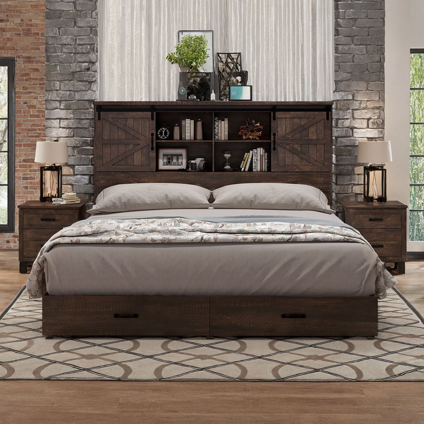Farmhouse-Style Wooden Platform Bed Frame Boasting a 51.2" Bookcase Headboard, Integrated Storage with a Sliding Barn Door Charging Station and 2 Drawers - No Box Spring Required, Totally Noise-Free