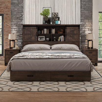 Farmhouse-Style Wooden Platform Bed Frame Boasting a 51.2" Bookcase Headboard, Integrated Storage with a Sliding Barn Door Charging Station and 2 Drawers - No Box Spring Required, Totally Noise-Free