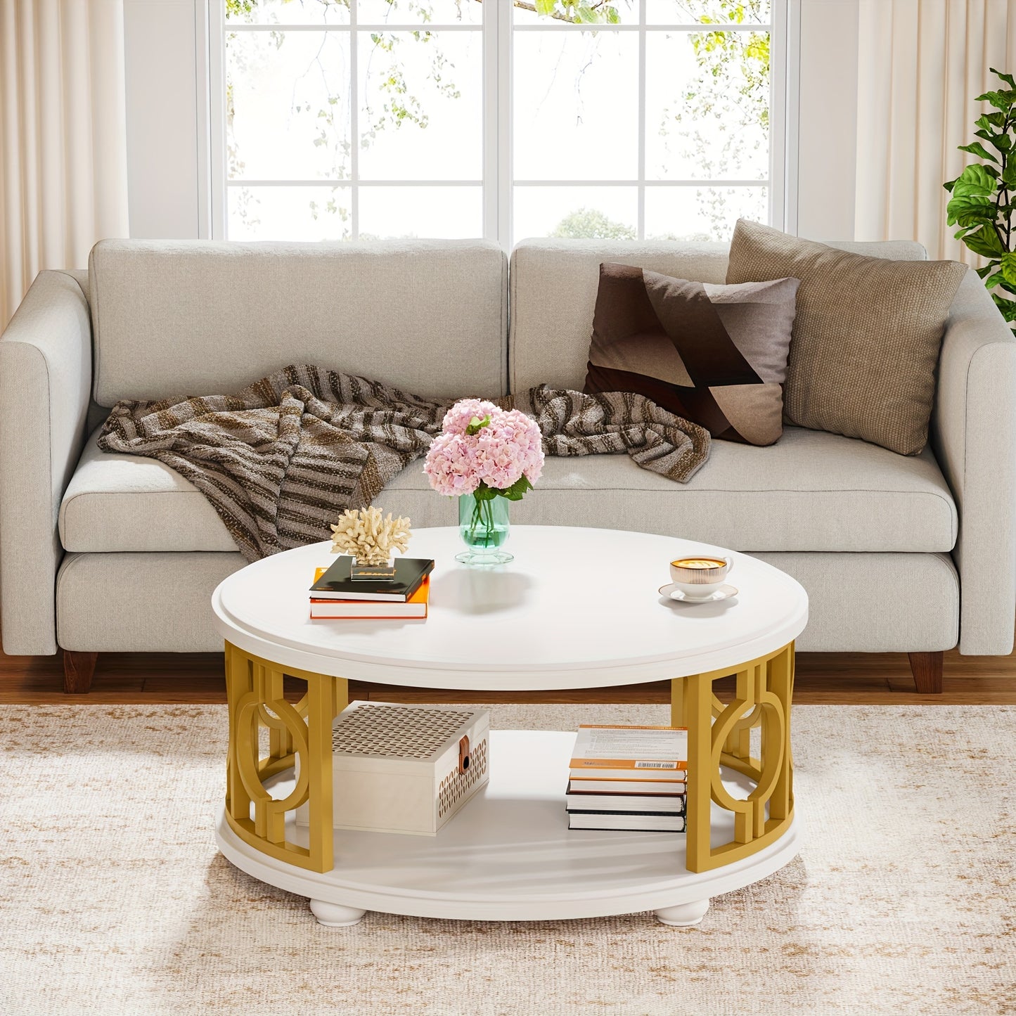 Round Coffee Table, 2-Tier Circle Coffee Table With Storage Shelf, Modern Center Table For Living Room & Office, White And Gold