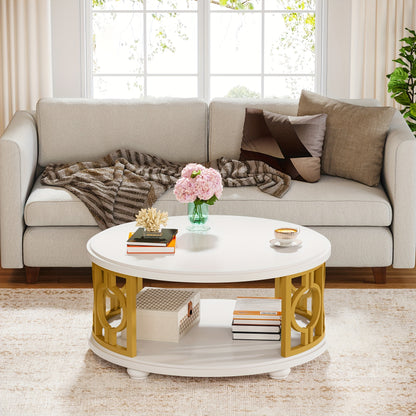 Round Coffee Table, 2-Tier Circle Coffee Table With Storage Shelf, Modern Center Table For Living Room & Office, White And Gold