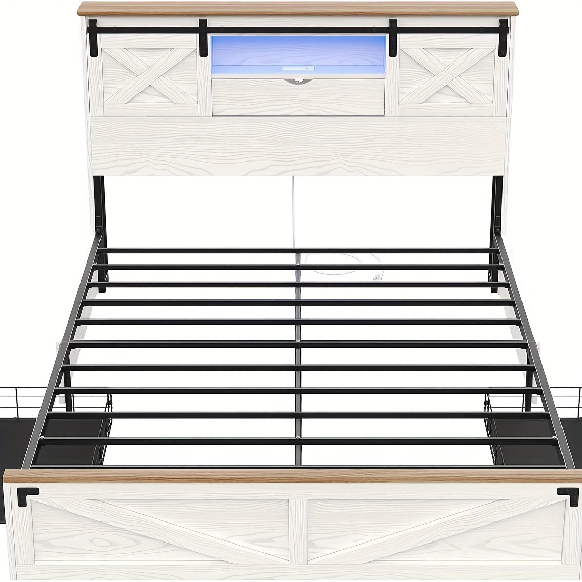 LED Farmhouse Platform Bed Frame With Charging Station 2 Drawers And Storage Headboard, Sliding Barn Door, White