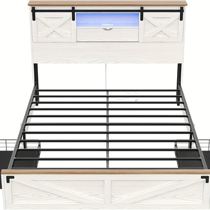 LED Farmhouse Platform Bed Frame With Charging Station 2 Drawers And Storage Headboard, Sliding Barn Door, White