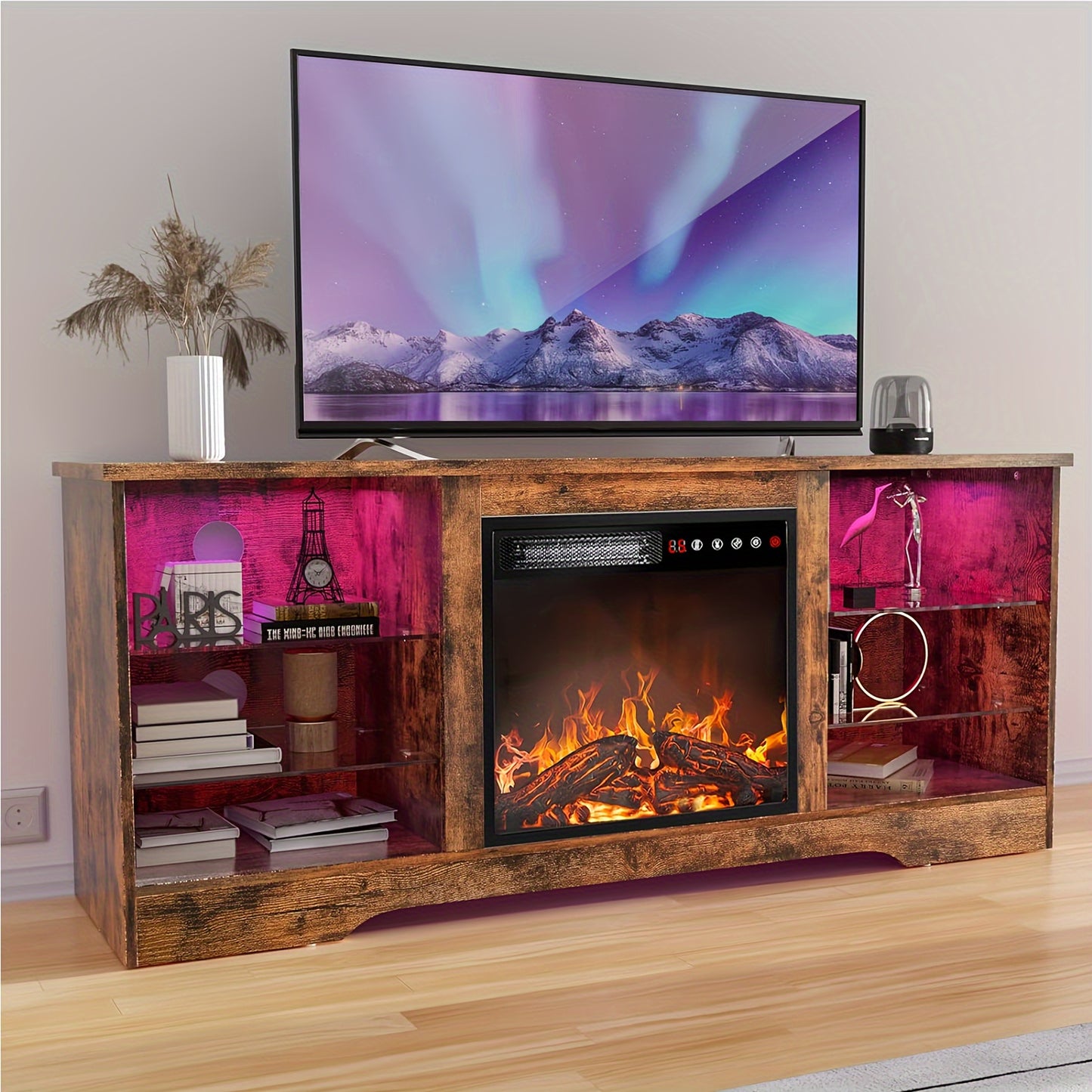 Fireplace TV Stand With 18''Fireplace, Modern Entertainment Center For TVs Up To 65 Inch, Media TV Console With Adjustable Glass Shelves And Storage Cabinets, Farmhouse TV Stand For Living Room