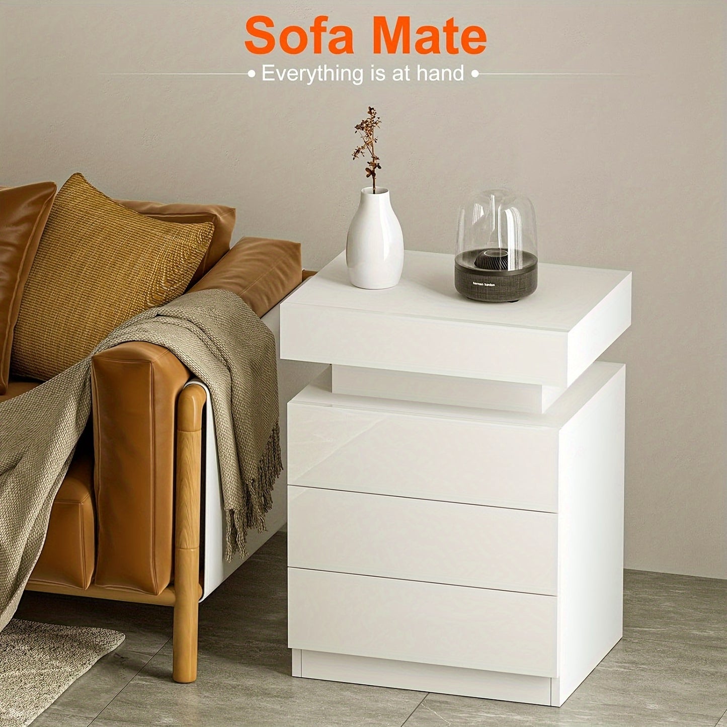 Nightstand with LED Lights, 3 Drawers and 1 Flapping Top Storage Box, White Night Stand for Bedroom, Modern Tall Bedside Table with High Gloss Panel, Glacier White, Darknight Black