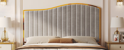 Velvet Bed Frame, 61.4" High Headboard Platform Bed Velvet Upholstered with Gold Trim & Footboard, Black