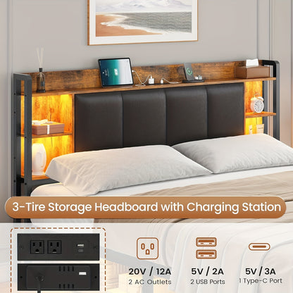 Queen Size Bed Frame with LED Lights, Modern Platform Bed Frame with 2 Storage Drawers and Headboard (Rustic Brown)