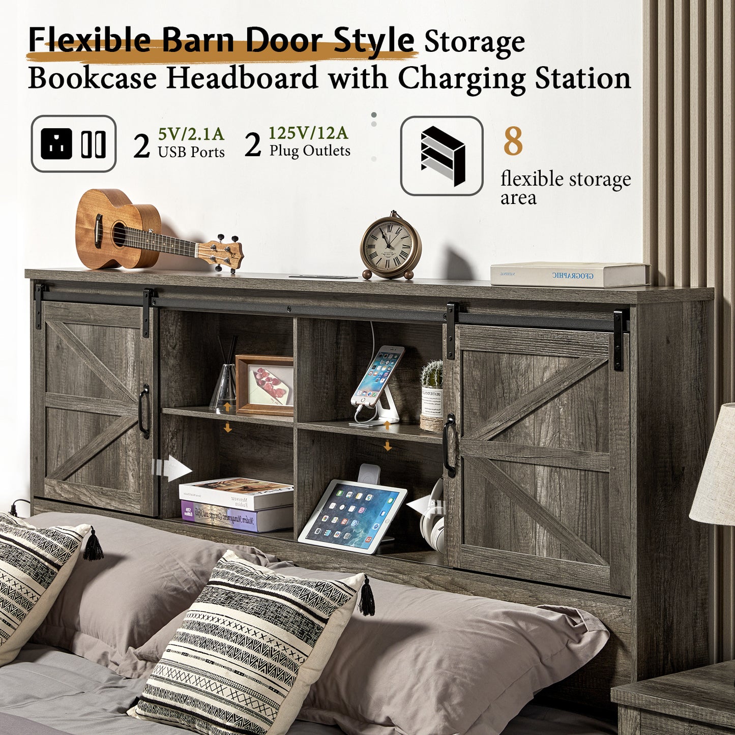 Farmhouse-Style Wooden Platform Bed Frame Boasting a 51.2" Bookcase Headboard, Integrated Storage with a Sliding Barn Door Charging Station and 2 Drawers - No Box Spring Required, Totally Noise-Free