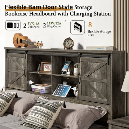Farmhouse-Style Wooden Platform Bed Frame Boasting a 51.2" Bookcase Headboard, Integrated Storage with a Sliding Barn Door Charging Station and 2 Drawers - No Box Spring Required, Totally Noise-Free