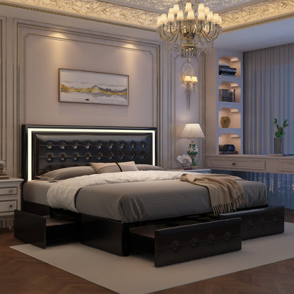 LED Queen Bed Frame - 4 Drawers & Adjustable Headboard