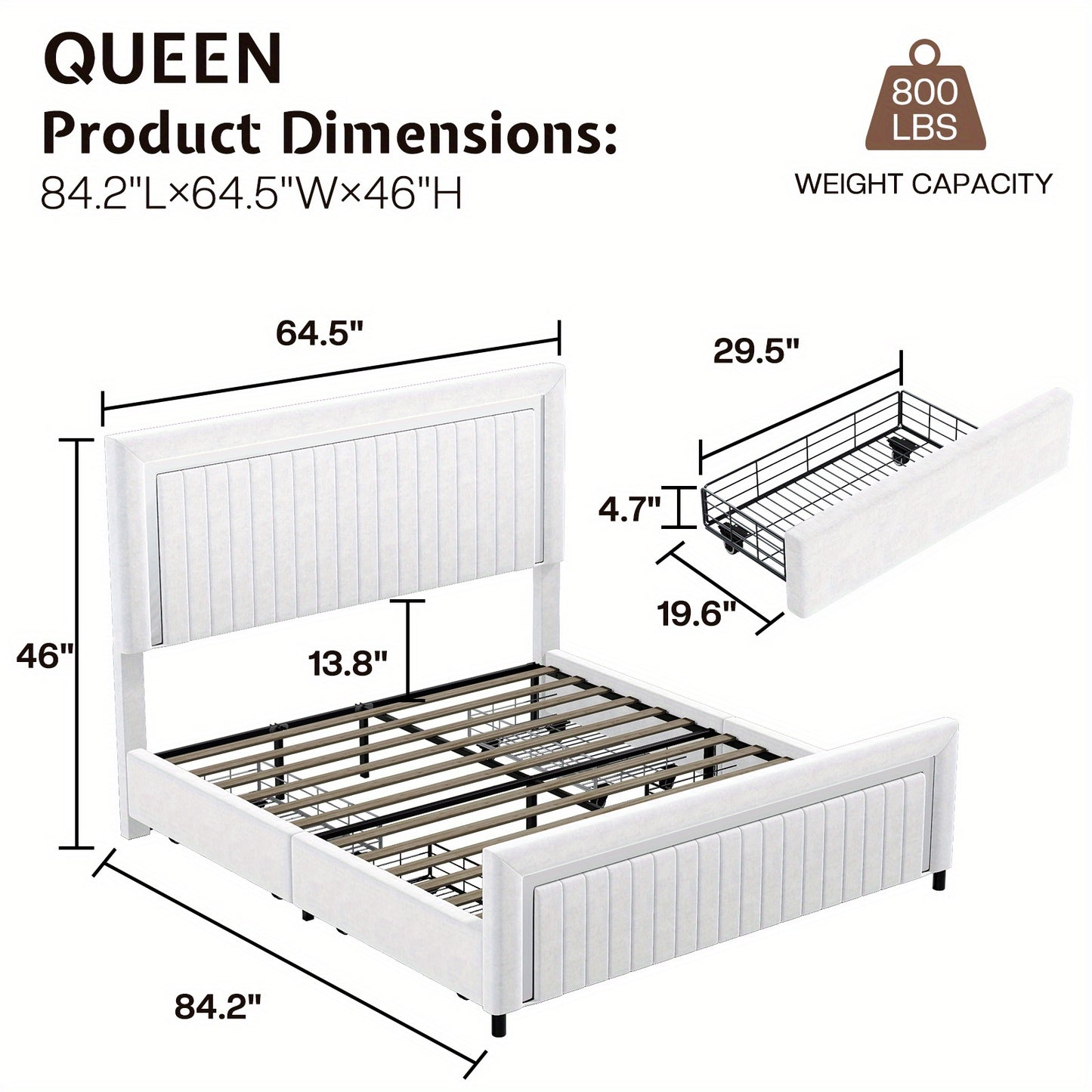 Queen/King Upholstered Platform Bed with LED Lights - 4 Storage Drawers& Adjustable Channeled Headboard, No Box Spring