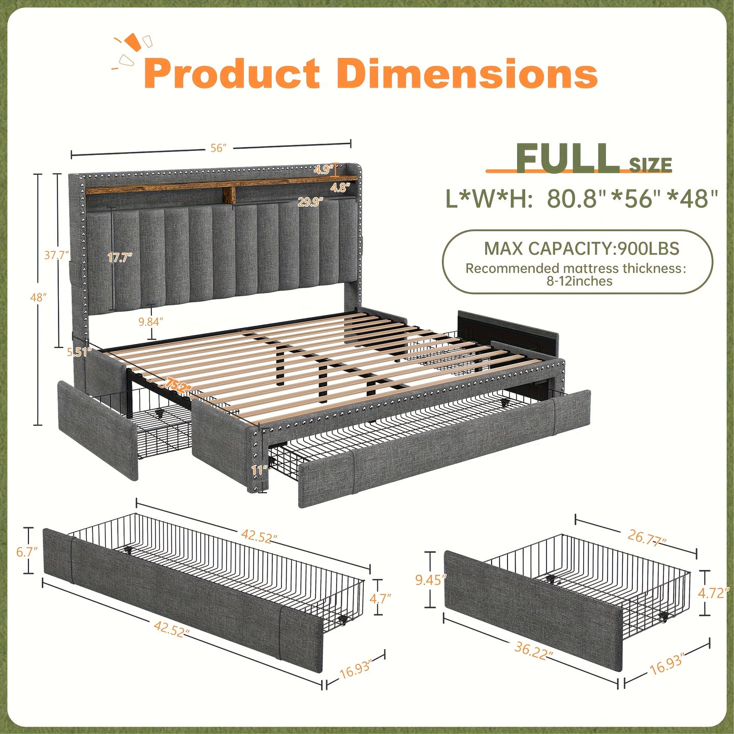 ENHOMEE King Size Upholstered Storage Bed with 3 Drawers & 2-Tier Nightstand Shelves - Modern Platform Bed Frame, Quick Assembly, Metal Frame, Contemporary Style