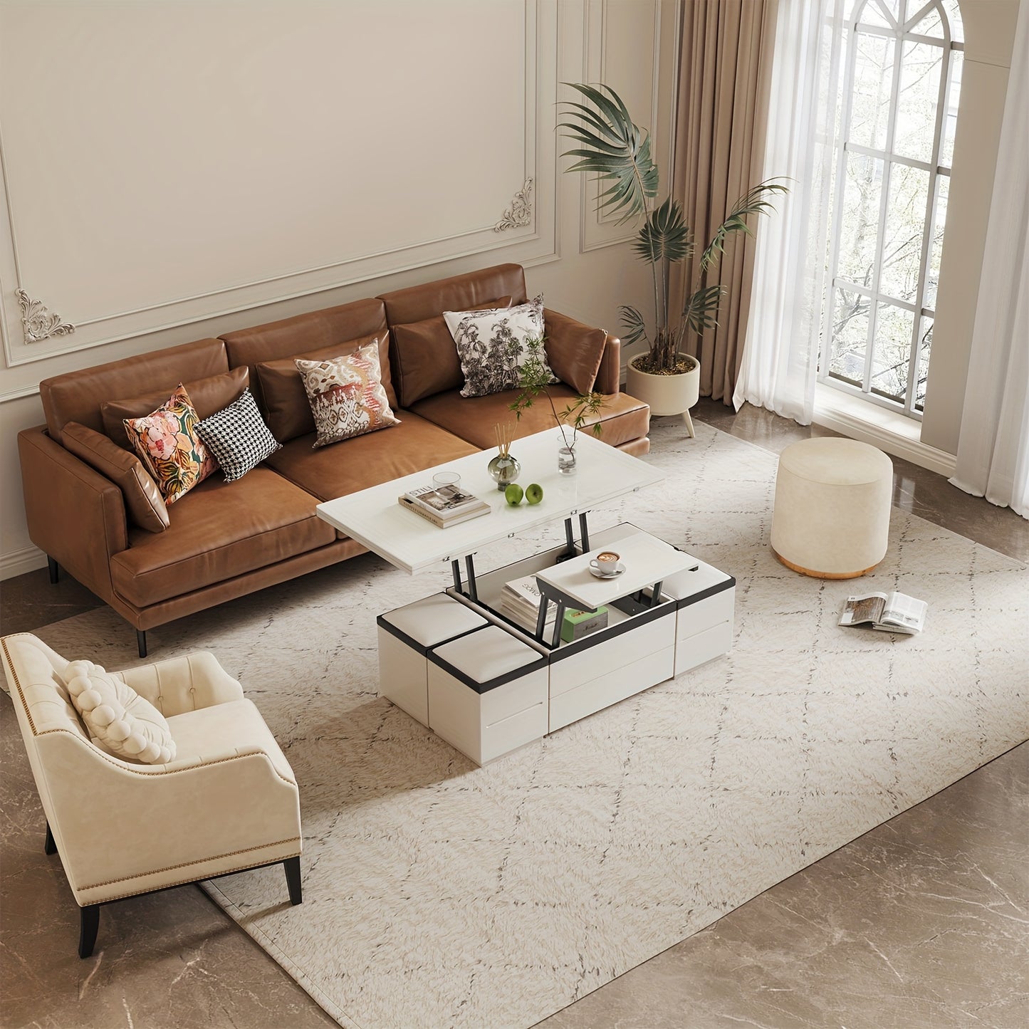 Extendable Coffee Table - 4 Storage Stools & Lift Top