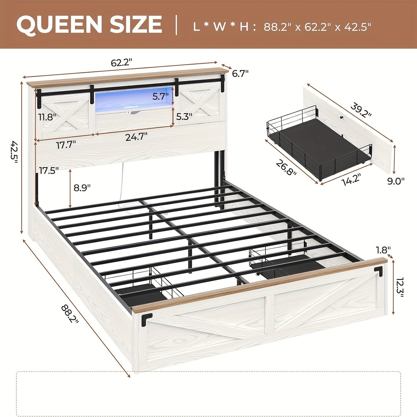 Queen/King/California King Farmhouse Bed Frame With LED Lights And Charging Station, Rustic Platform Bed Frame With 2 Storage Drawers And Headboard, White