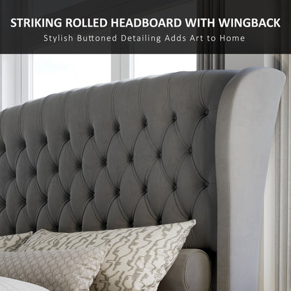 Platform Bed Frame, Chenille Upholstered Sleigh Bed with Scroll Wingback Headboard & Footboard/Button Tufted/No Box Spring Required/