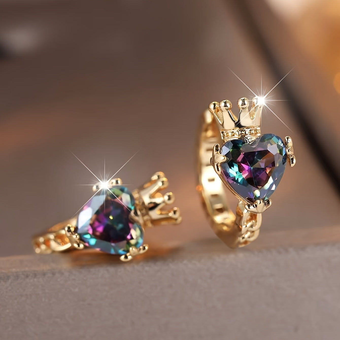 Women's Boho-Chic Crown & Multicolor Heart Hoop Earrings with Cubic Synthetic Zirconia - KC Copper Crown & Hearts, Wedding & Valentine's Day Gift, Year-Round Elegant Bohemian Suitable for Weddings, Parties, Casual Attire