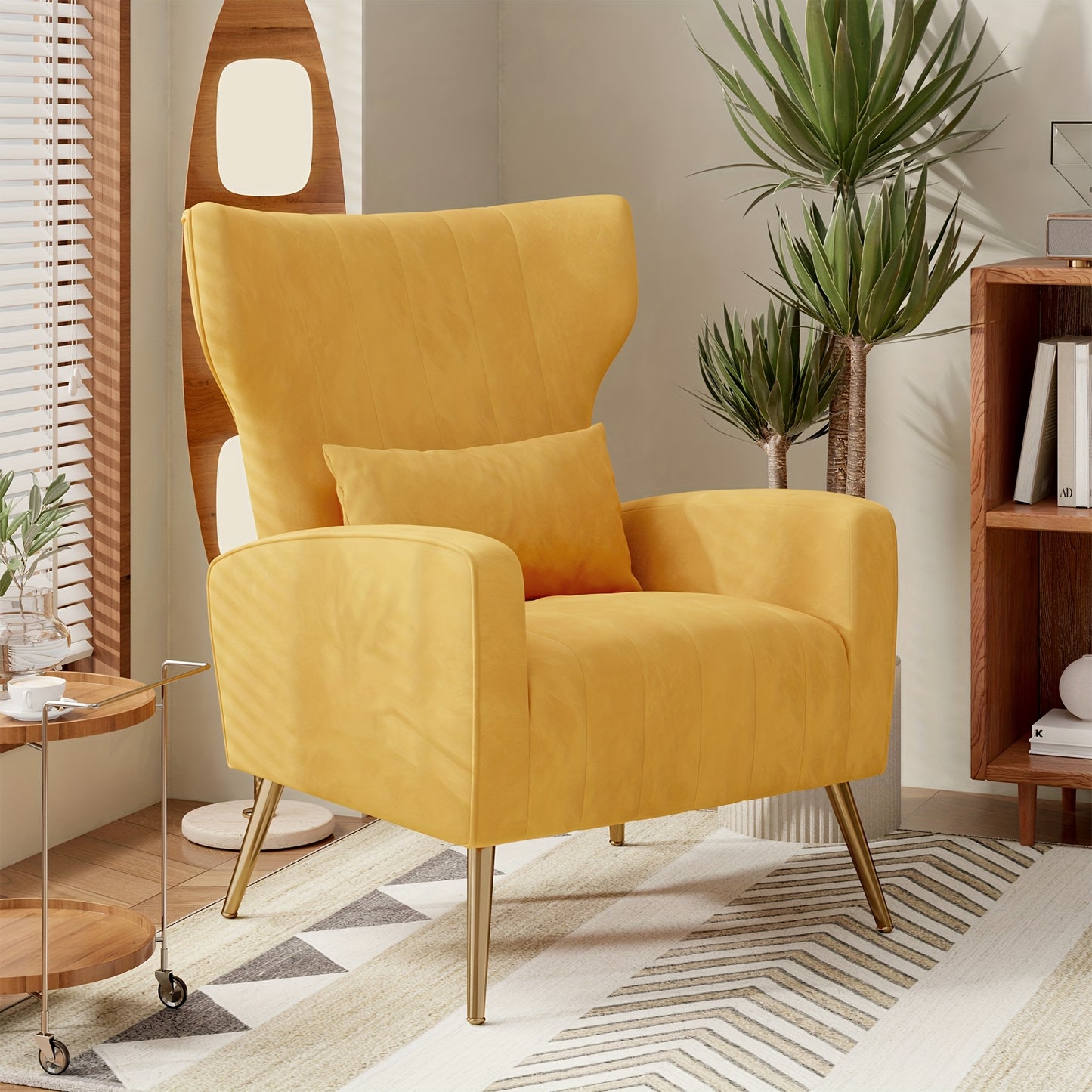 Modern Velvet Accent Chair with Metal Legs and Head Support – Cozy Mid-Century Reading Armchair, Includes Cushion and Footrest, Available in Gray/Yellow/Black