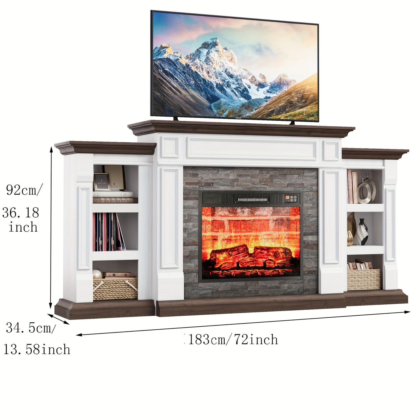 72" Electric Fireplace With Mantel, Fireplace TV Stand For 80" TV, Modern Entertainment Center With Storage, Wood Surround Free Standing Fireplace Heater With Remote Control, Logs, Adjustable Led Flame, For Living Room, Bedro