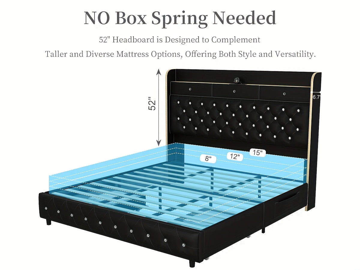 Queen Led Bed Frame With Galaxy Aurora Star Projector, Full Size Platform Bed With 2 Removable Storage Drawers, 52" Crystal Button Tufted Upholstered Headboard King Bed With Charging Station, Noise Free, No Box Spring Needed,