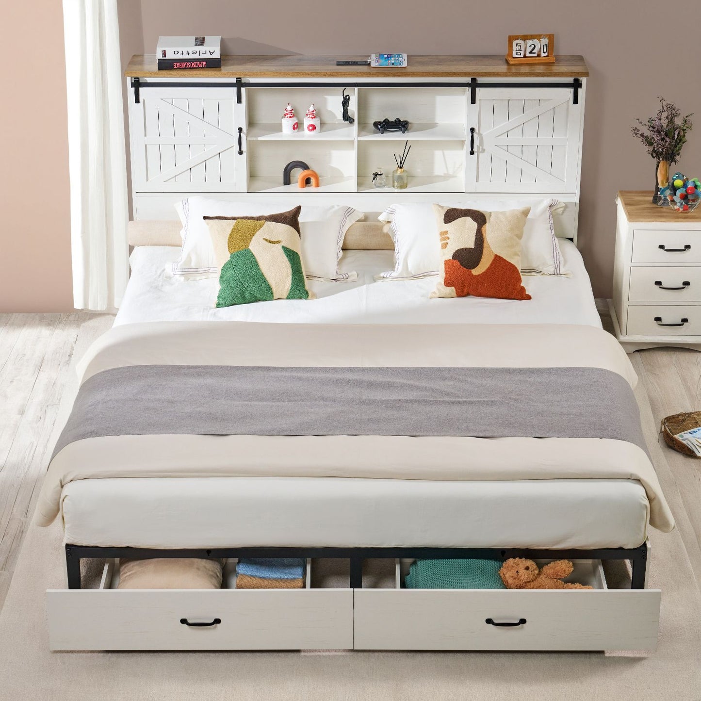 Farmhouse-Style Wooden Platform Bed Frame Boasting a 51.2" Bookcase Headboard, Integrated Storage with a Sliding Barn Door Charging Station and 2 Drawers - No Box Spring Required, Totally Noise-Free