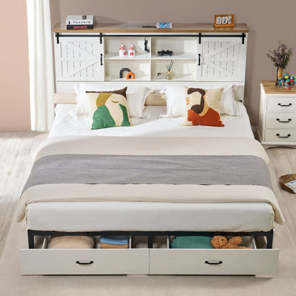 Farmhouse-Style Wooden Platform Bed Frame Boasting a 51.2" Bookcase Headboard, Integrated Storage with a Sliding Barn Door Charging Station and 2 Drawers - No Box Spring Required, Totally Noise-Free
