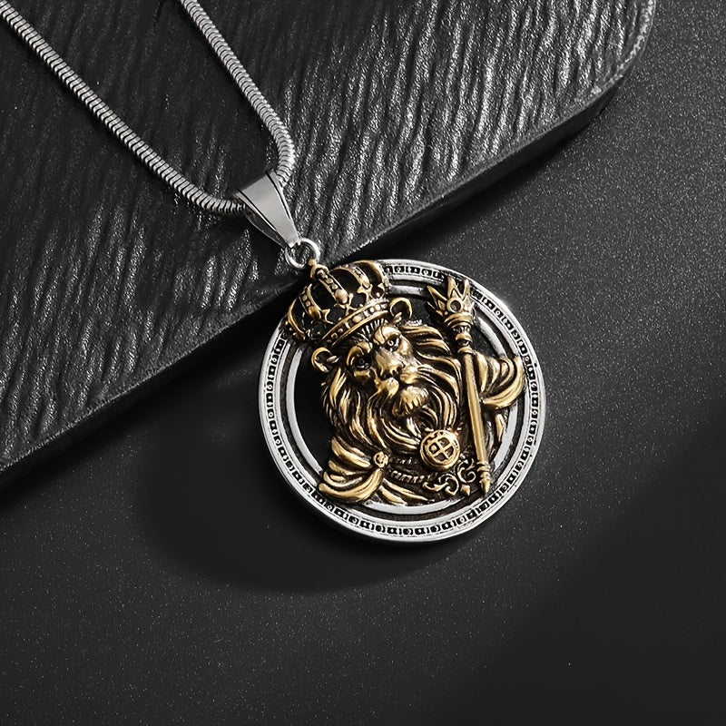 Lion King Throne Pendant - 18K Gold Plated Stainless Steel, Men's Fashion Hip Hop Necklace for Parties & Events