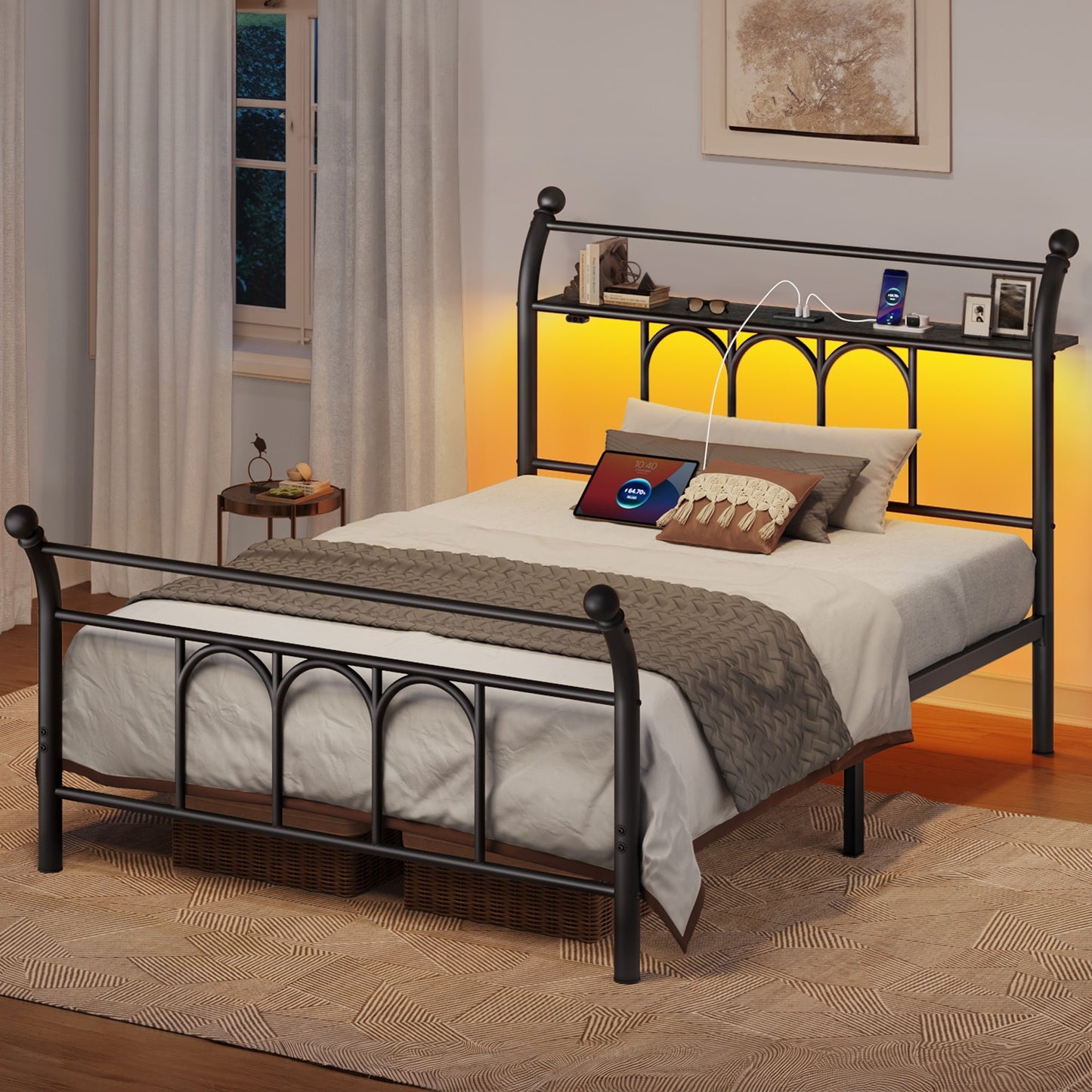 Classic Metal Platform Bed Frame with Victorian Style Iron-Art Headboard/Footboard/Under Bed Storage/No Box Spring Needed