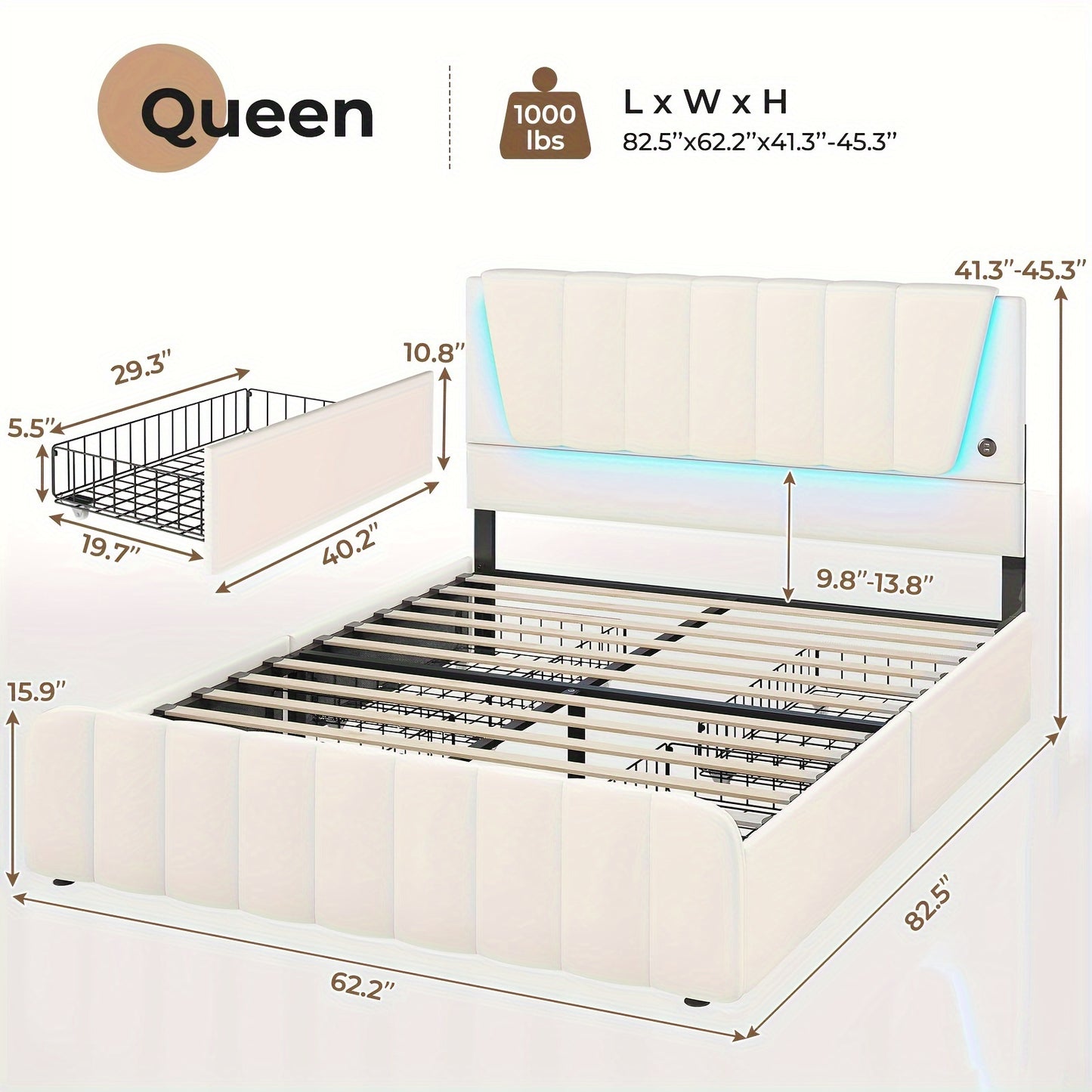 Queen Bed Frame With Storage Drawers And LED Lights, Upholstered Platform Bed Frame Queen Size With Height Adjustable Headboard, No Box Spring Needed, Cream White