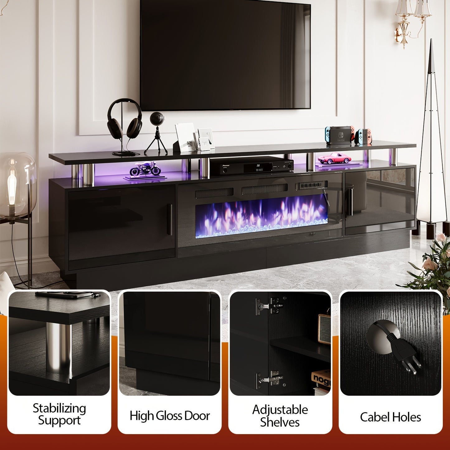 70"/80" Modern Electric Fireplace TV Stand For TVs Up To 80 Inch, With Electronic Flame And LED Lights, Luxury High Gloss Finish Entertainment Center For Living Room, Black