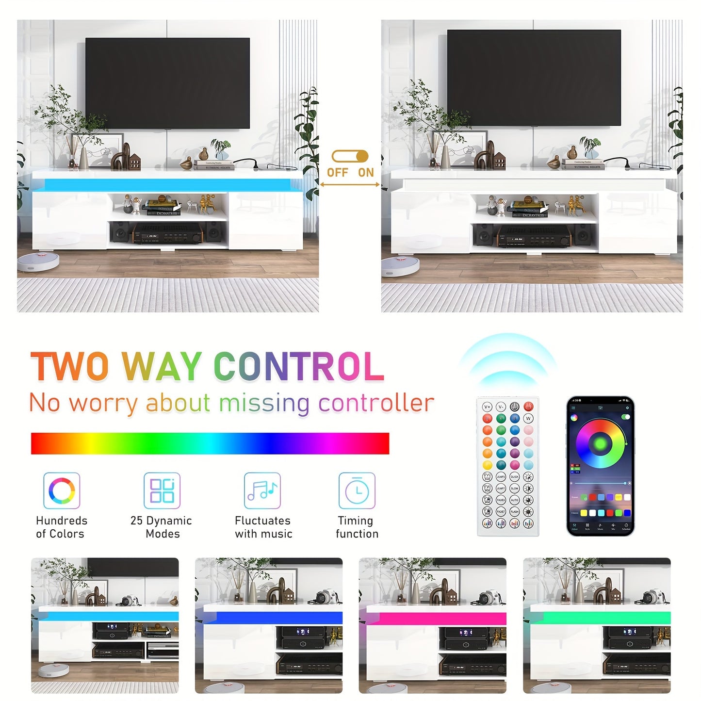 LED TV Stand For 85 Inch TV, Modern Gaming TV Stand With Power Outlet, High Gloss TV Console Entertainment Center With Storage And LED Lights For Living Room, Bedroom