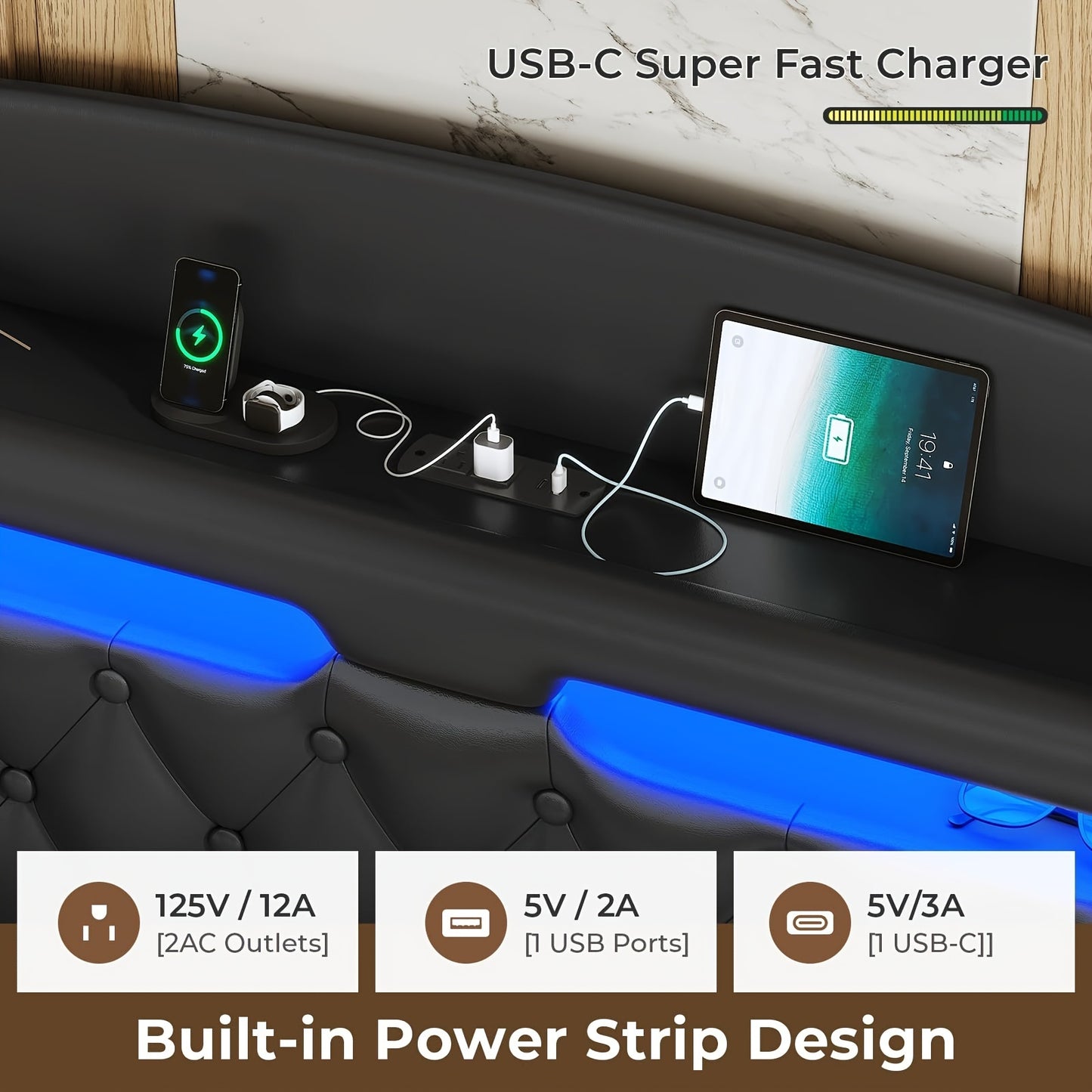 King Size Floating Bed Frame with LED Lights and Charging Station, Upholstered Leather Platform King Bed Frame with Hidden Storage Headboard, No Box Spring Needed, Black PU