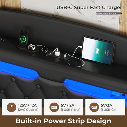 King Size Floating Bed Frame with LED Lights and Charging Station, Upholstered Leather Platform King Bed Frame with Hidden Storage Headboard, No Box Spring Needed, Black PU