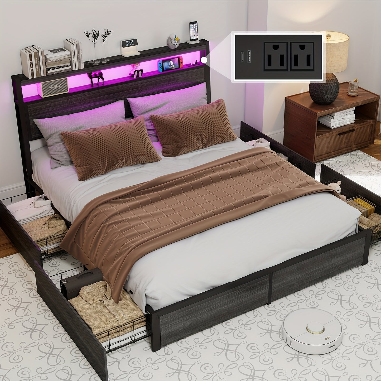Bed Frame Available in Full, Queen, And King Sizes Featuring LED Lights And a Charging Station. This Metal Platform Bed Includes a Two-Tier Wooden Storage Headboard And Four Storage Drawers. It Operates Quietly, Does Not Requ