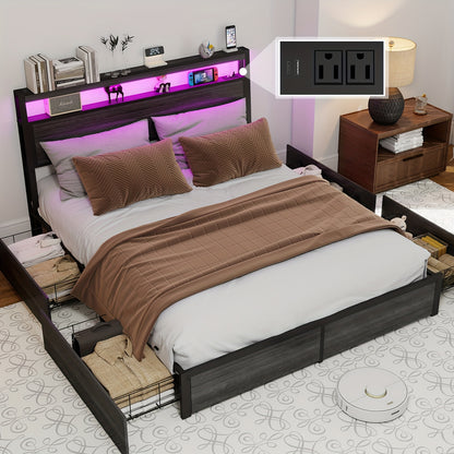 Bed Frame Available in Full, Queen, And King Sizes Featuring LED Lights And a Charging Station. This Metal Platform Bed Includes a Two-Tier Wooden Storage Headboard And Four Storage Drawers. It Operates Quietly, Does Not Requ