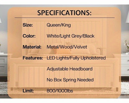 Queen/King Upholstered Platform Bed with LED Lights - 4 Storage Drawers& Adjustable Channeled Headboard, No Box Spring