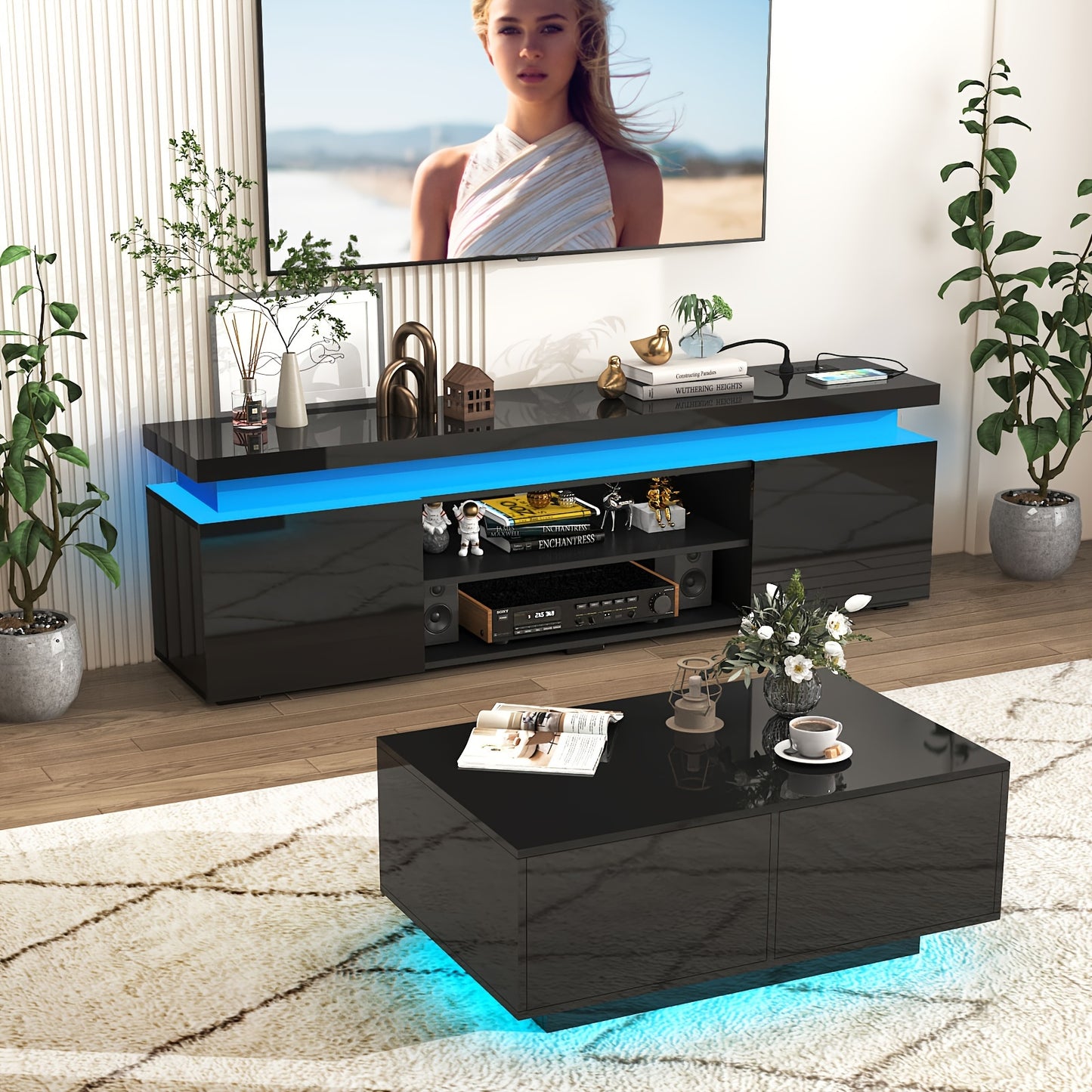 LED TV Stand For 85 Inch TV, Modern Gaming TV Stand With Power Outlet, High Gloss TV Console Entertainment Center With Storage And LED Lights For Living Room, Bedroom