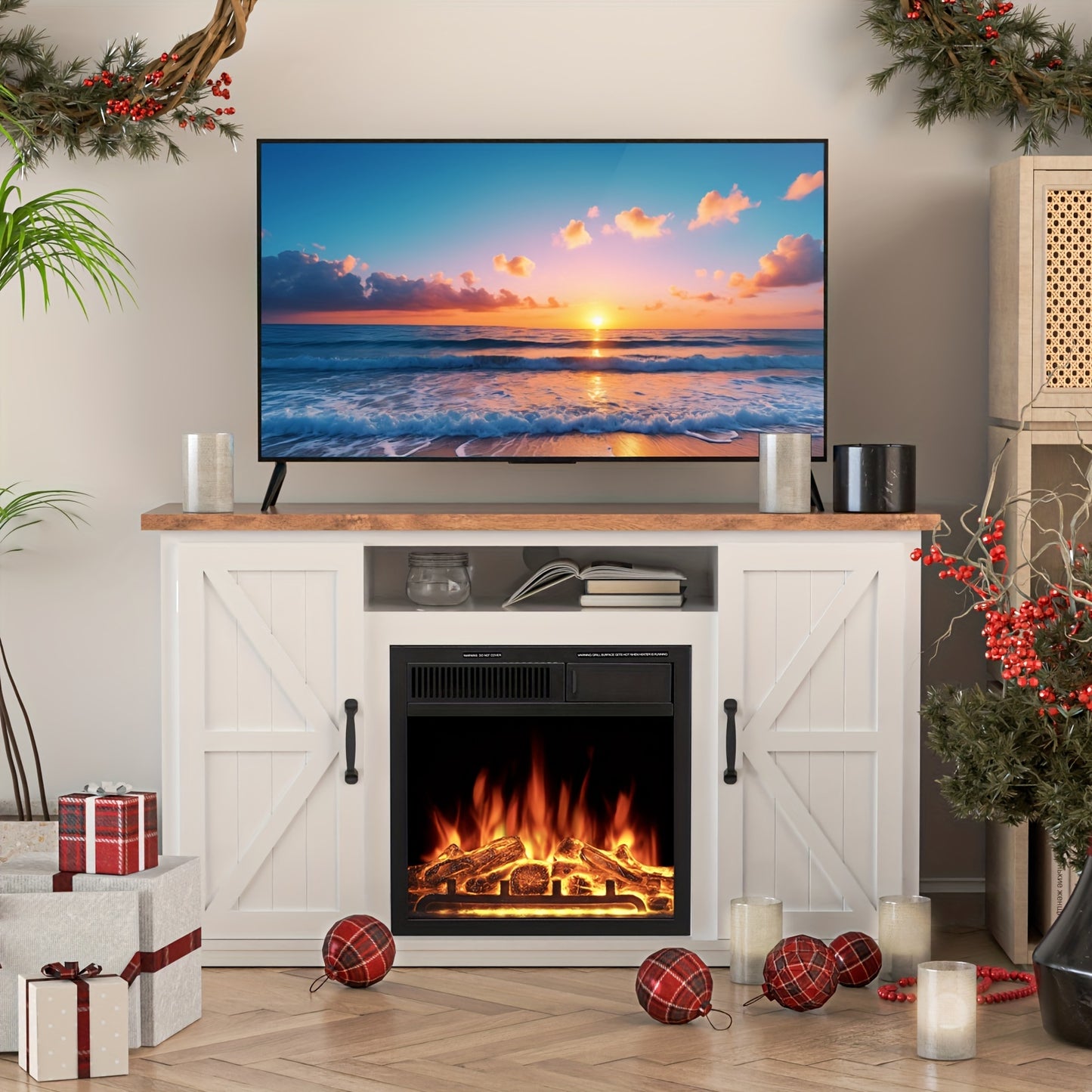 Fireplace TV Stand For 50 Inch TV, Modern Entertainment Center With 20" Electric Fireplace, TV Console With Open Shelves For Living Room And Bedroom, Walnut.