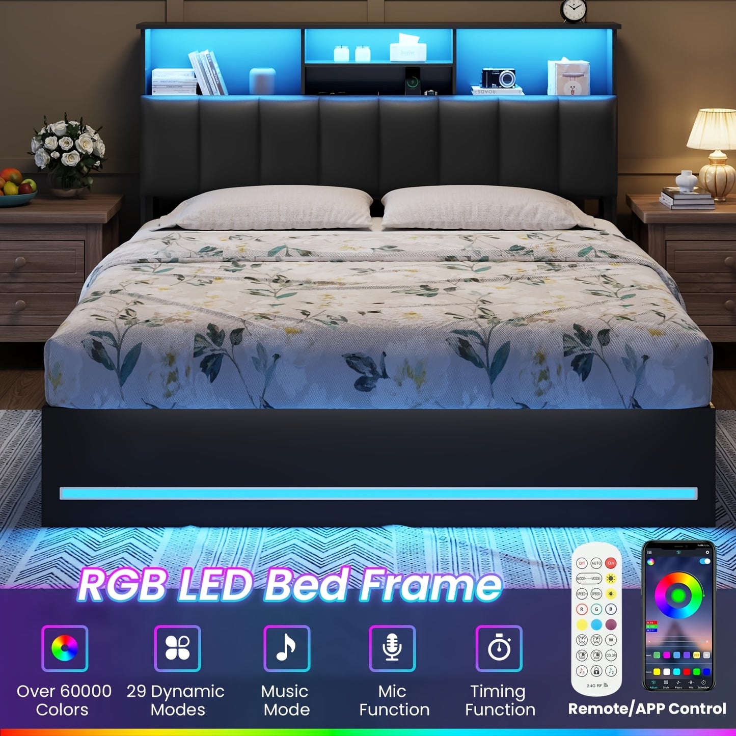 MSmask Queen Size LED Bed Frame with Storage Headboard, 4 Drawers & Bookcase - Contemporary Metal Design, RGB Lighting, Built-in Charging Station, Ideal for Modern Bedrooms