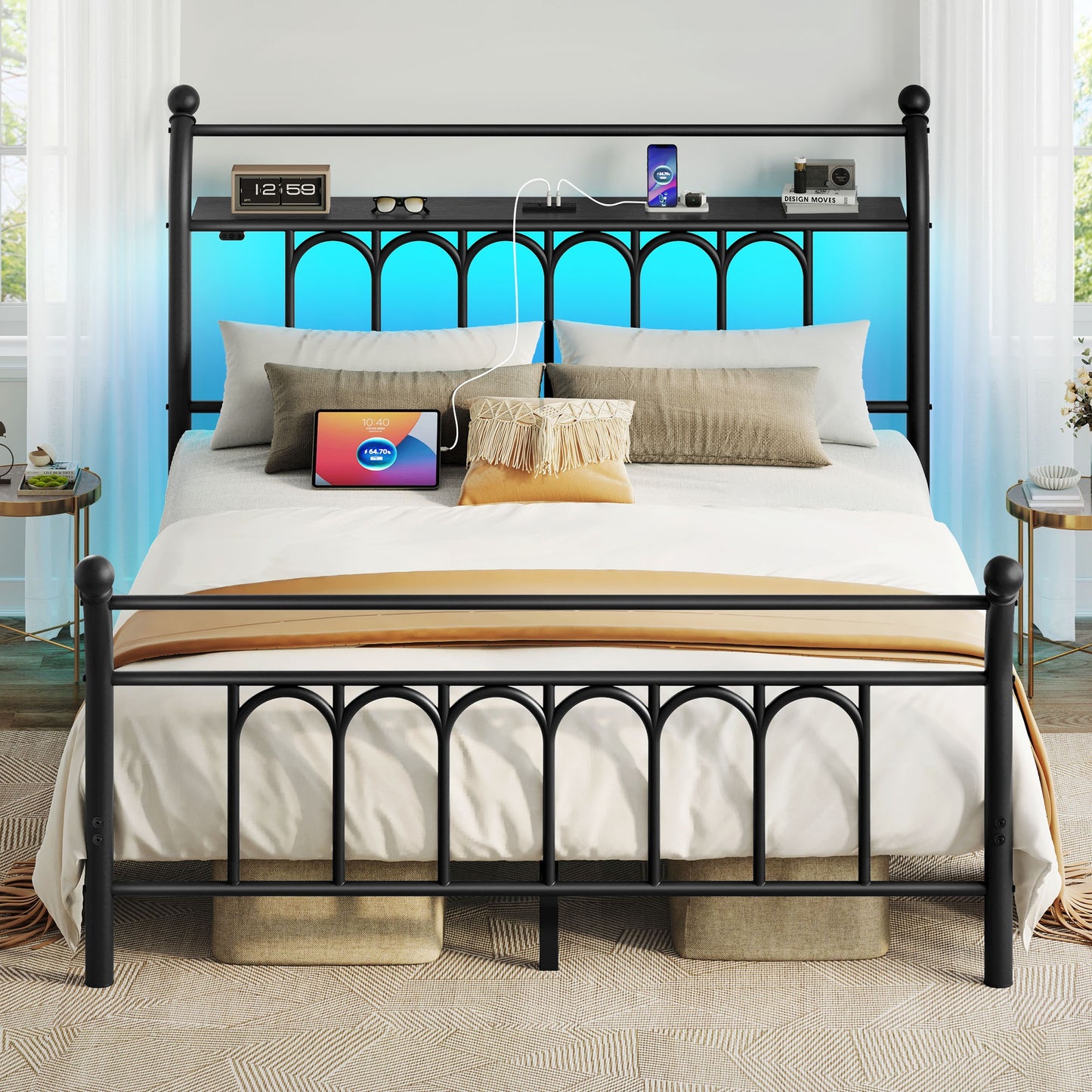 Classic Metal Platform Bed Frame with Victorian Style Iron-Art Headboard/Footboard/Under Bed Storage/No Box Spring Needed