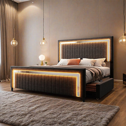 Queen/King Upholstered Platform Bed with LED Lights - 4 Storage Drawers& Adjustable Channeled Headboard, No Box Spring