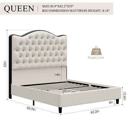FULTRU Queen/King Size Bed Frame, 55" Tall Platform Bed with Curved Headboard, Velvet/Leather Upholstered Bed with Deep Tufted Button, Handmade Pleats, Gold/Black Metal Frame, Wooden Slats Support, No Box Spring Needed