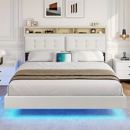 1pc Modern Queen Size Floating Bed Frame with LED Lights, Metal Platform Bed with Storage Headboard, Contemporary Style, 110V-130V, US Plug, No Battery Required