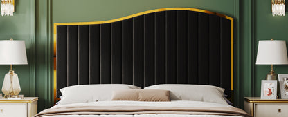 Velvet Bed Frame, 61.4" High Headboard Platform Bed Velvet Upholstered with Gold Trim & Footboard, Black