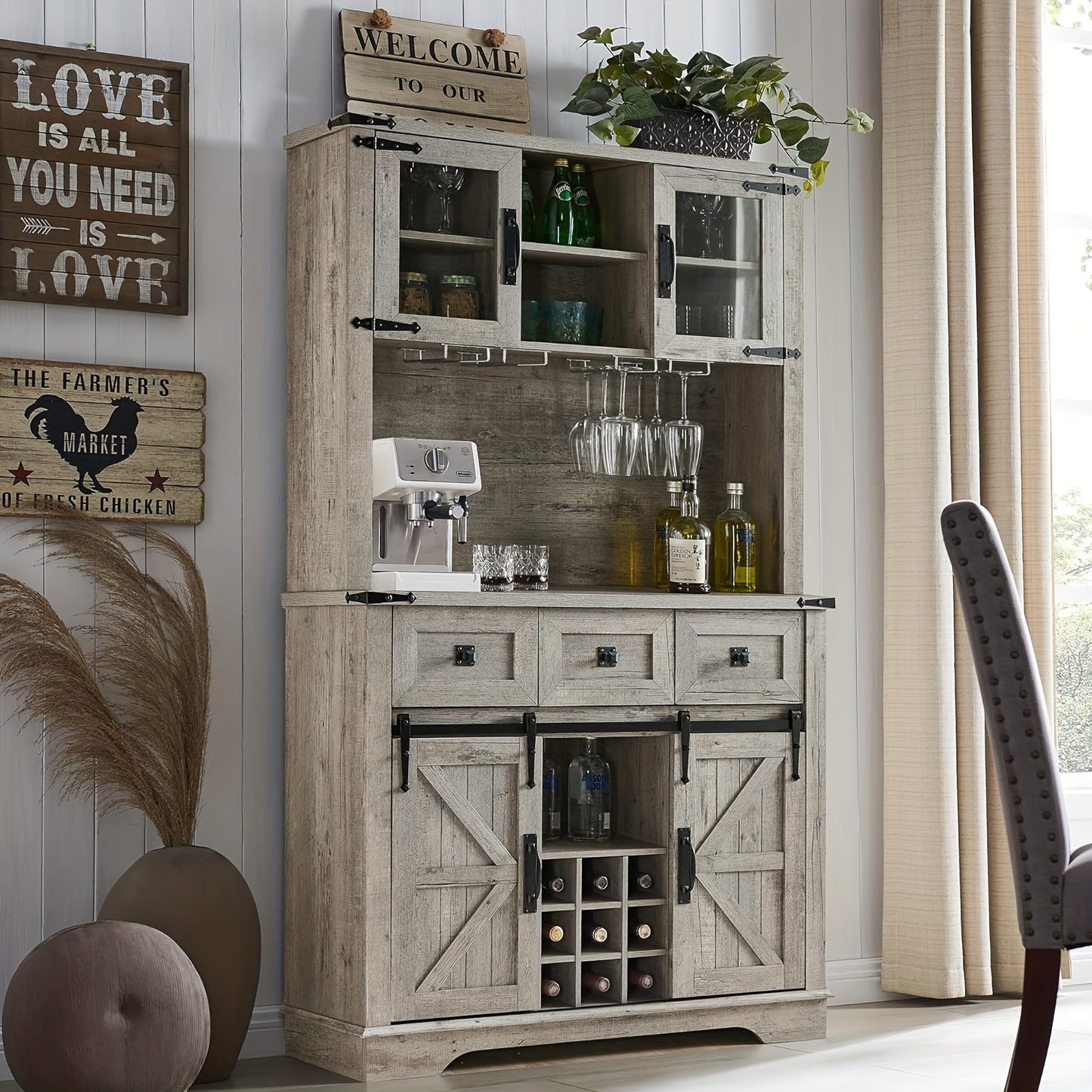 72" Farmhosue Bar Cabinet With Sliding Barn Door, Large Kitchen Buffet With Hutch W/Wine & Glasses Rack, 3 Drawers, 12 Storage Shelves, Rustic Coffee Bar Sideboard Table