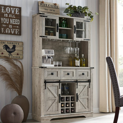 72" Farmhosue Bar Cabinet With Sliding Barn Door, Large Kitchen Buffet With Hutch W/Wine & Glasses Rack, 3 Drawers, 12 Storage Shelves, Rustic Coffee Bar Sideboard Table