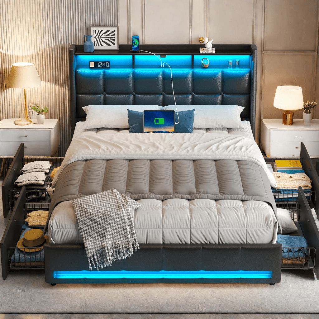 Twin Full Queen Bed Frame with LED Lighting, Built-in Charging Station, have RemotePU Leather/neutral-toned linen fabric Storage Headboard & Drawers,Heavy Duty Wood Slats, Quick & Easy Assembly - Perfect for Bedroom Furniture