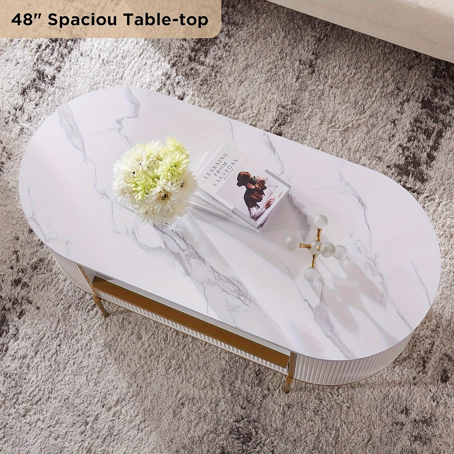 48" Oval Coffee Table - Faux Marble Top & Golden Accents