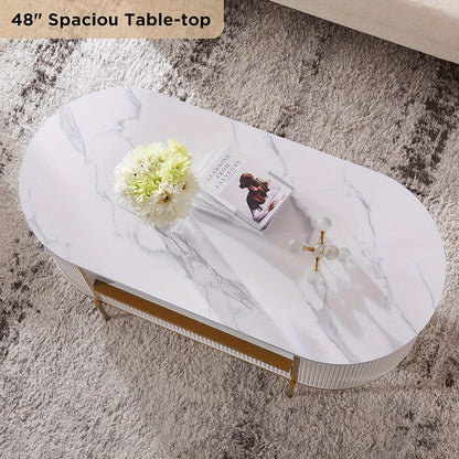 48" Oval Coffee Table - Faux Marble Top & Golden Accents