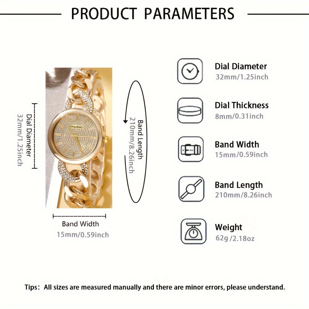 2 Pcs New Fashion Retro Golden Quartz Watch + Simple Rhinestone Bracelet Set, Classic Gift for Friends