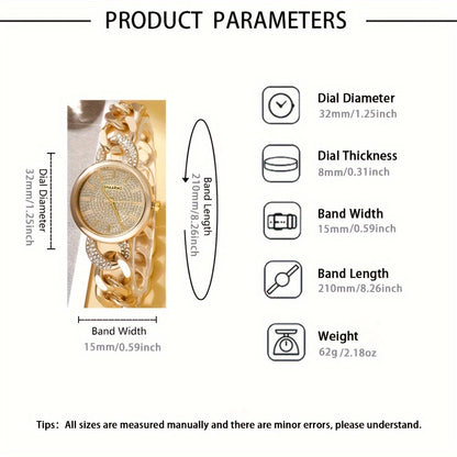 2 Pcs New Fashion Retro Golden Quartz Watch + Simple Rhinestone Bracelet Set, Classic Gift for Friends